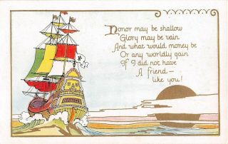 Sailing Ship On The Ocean At Sun Set On Old Art Deco Friendship Postcard - 843