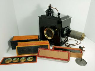 Antique 1890s Toy Bavara Magic Lantern Slide Projector With Many Slides Germany