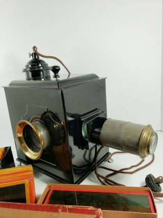 Antique 1890s Toy Bavara Magic Lantern Slide Projector with many slides Germany 2