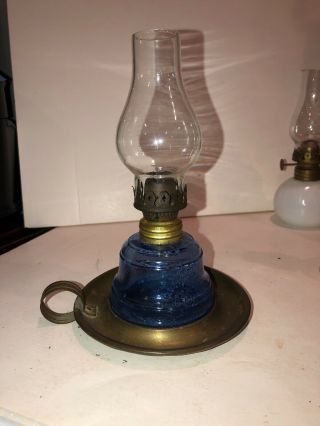 Kerosene Night Light Blue Glass And Brass Saucer Base Embossed Patd Oct.  1873