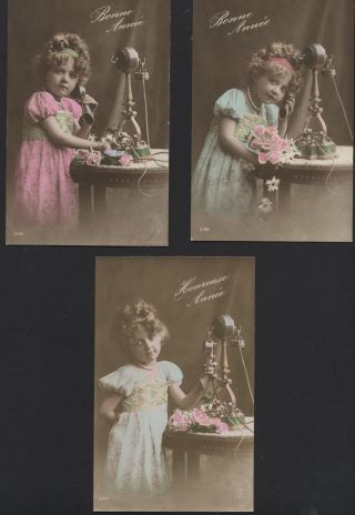 Mb3081 Set Of 3 Victorian Girl Calling With Antique/ Vintage Telephone 1910