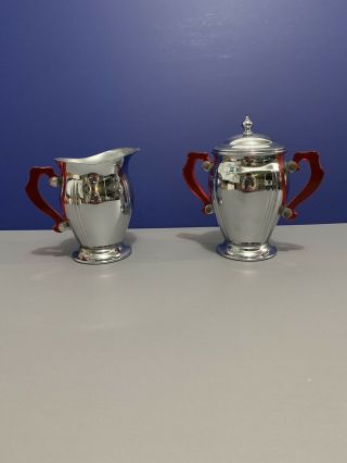 Vintage Stainless Chrome Creamer And Sugar Set With Red Bakelite Handles