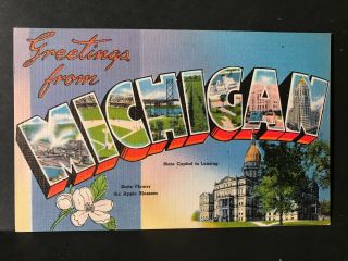 Linen Postcard - Large Letter Greetings From Michigan