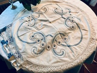 Antique 30 " Round Table Topper Tablecloth Wh / Blue Hand Embroidery Crochet Edge