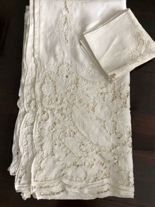 Vintage Needlelace Linen Tablecloth & 12 Napkins Italy Banquet Size Fruit Motif