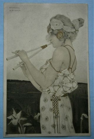126.  Raphael Kirchner Postcard By Tuck - Girl With Flute From The Early 1900 