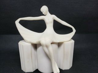 Vintage White Alabaster Art Deco Woman Sitting On Base Figurine
