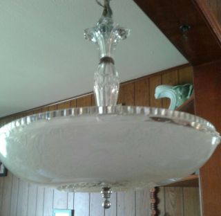 Vintage Mid Century 3 Light Clear & Frosted Glass Hanging Ceiling Fixture Bevel