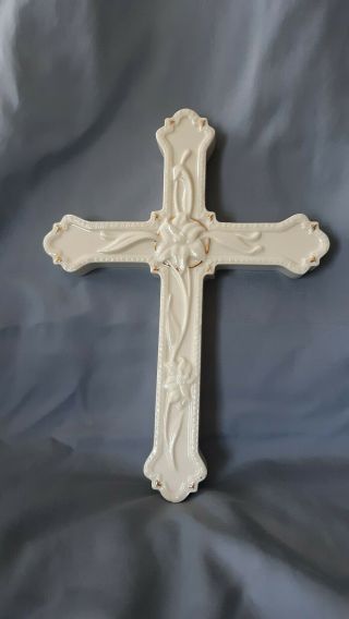 Lenox Ivory 9 " Porcelain Cross,  Gold Trim Raised Easter Lily Decor,  Wall Hanging