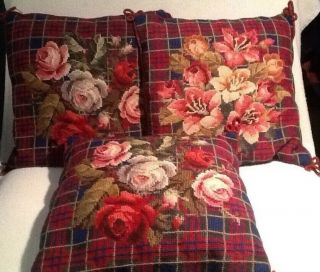 Set Of 3 Handmade Needlepoint Pillows Plaid And Flower Design Red Velvet Back