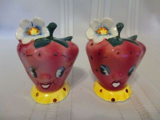 Anthropomorphic Py Coronet Hand Painted Strawberry Head Salt & Pepper Shakers