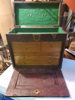 Antique Wooden Oak 6 Drawer Machinist Tool Cabinet Chest W/ Leather