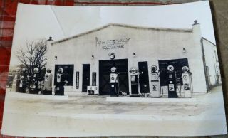 Vintage White Way Garage Black & White Photo Picture Gas Pumps Texaco Sunoco Etc