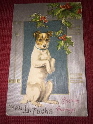 Vintage Christmas Postcard Dog Glitter Silver Foil Look Embossed