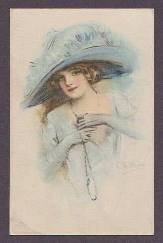 Dihlen Glamour Vintage Postcard Blue Feather Hat Woman