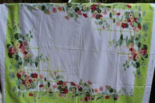 Vintage Cotton Kitchen Tablecloth 44x51 Flowers With Lime Green