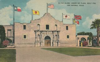 Postcard Vintage Linen The Alamo Under Six Flags Built 1718 San Antonio Texas
