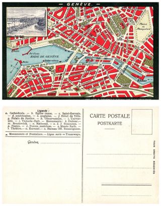 Switzerland Postcard - Geneve (geneva) Map Of Tourist Sites (pc10)