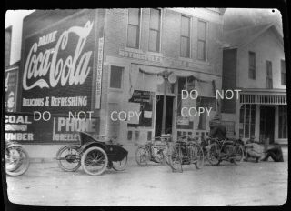 N929 1910s Negative.  Men,  Very Old Indian Motorcycles Store Shop,  Greeley Colorado