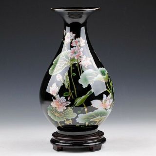 Chinese Hand - Painted Lotus Flowers Drop Shape Black Porcelain Vase Nr