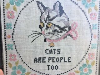 Vintage 11/11 Cats Are People Too Embroidery Cross Stitch ▬ Ooak Framed Art ❤️j8