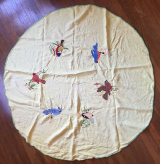 Vintage Embroidered Tablecloth Six Birds 50 Inches Round