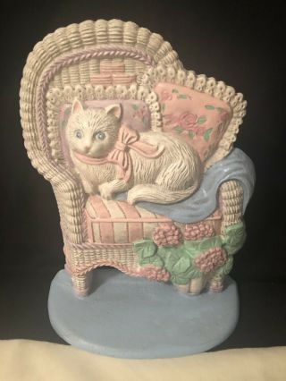 Vintage Cast Iron Cat Kitten Door Stop Wicker Chair Flowers Blue & White