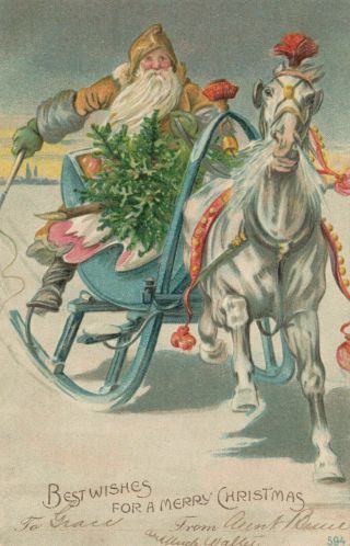 Christmas Santa Claus & Horse Drawn Sled 1906 Antique Embossed Postcard - C830