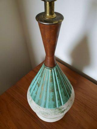 Vtg Mid Century Modern Ceramic & Wood Table Lamp Turquoise 25.  5 "
