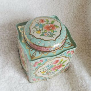 Vtg Daher Floral Tin Biscuit Tea Container Cottage Round Lid England Teal Pink