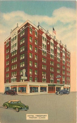 Autos 1940s Hotel Freeport Roadside Illinois Beals Linen Postcard 8834