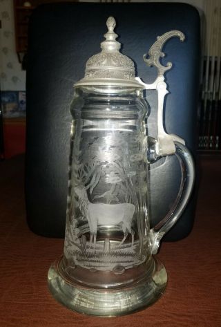 Large Cut And Etched Glass Stein W/pewter Lid But Ex Cond 14 1/2 X 6