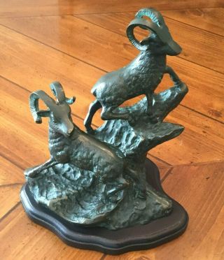 Vtg Patinated Brass Bronze Mountain Goat Rams On Rocks Figurine Statue W/ Stand