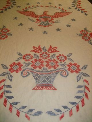 Vintage Hand Quilted And Cross Stitched Quilt - Red,  White And Blue - Patriotic