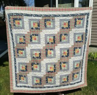 Vintage Hand Stitched Quilt Log Cabin For Repairs Cutter Projects Size 59 " X 60 "
