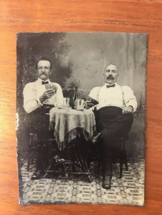Antique Occupational Tintype Bartenders Playing Poker Cards Drinking Beer Bottle