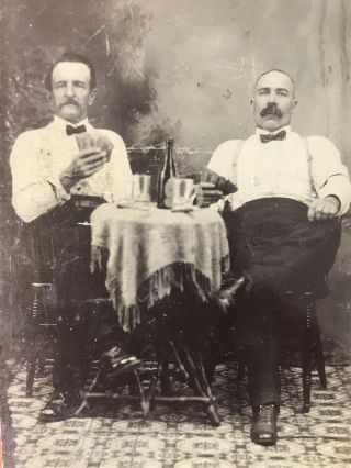 Antique Occupational Tintype Bartenders Playing Poker Cards Drinking Beer Bottle 2