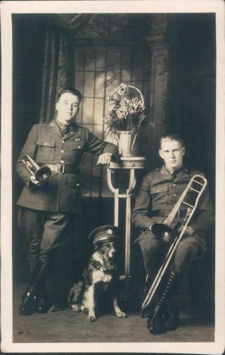 Circa Ww1 Rppc Studio Portrait Horn & Trombone Soldiers With Sgt.  Border Collie
