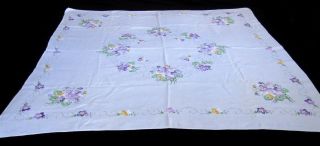 Tablecloth Vintage White Linen Hand Embroidered Pansies Floral 48 X 52