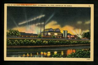 Pennsylvania Pa Postcard Pittsburgh,  Steel Mill At Night Linen Tichnor