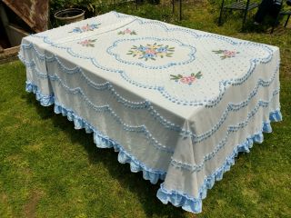 Vtg Cabin Crafts Chenille Needle Tuft Bedspread Ruffled White Blue Pink Twin