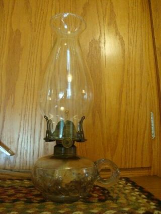 Antique Finger Lamp Dated June 30th 1868,  Queen Anne No.  1 Burner,  Chimney,  Wick