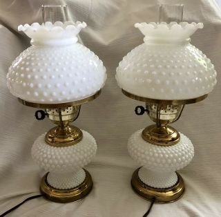 Set Of 2 Vintage Hobnail White Milk Glass Table Lamps Nds Electrical