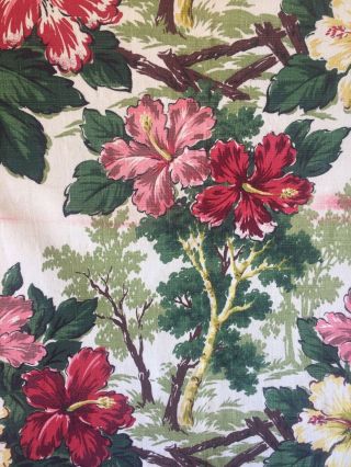 Barkcloth Fabric Hibiscus Hawaiian Pink Red Green Remnant Vtg 40s 2 Piece Flaws