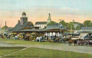 Kennebunkport,  Maine,  Rail Road Station,  Horse Drawn Wagons,  Depot,  1909