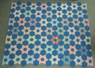 Vintage Quilt Handmade Hand Stitched 6 Point Star Country Chic 68 " X 81 "