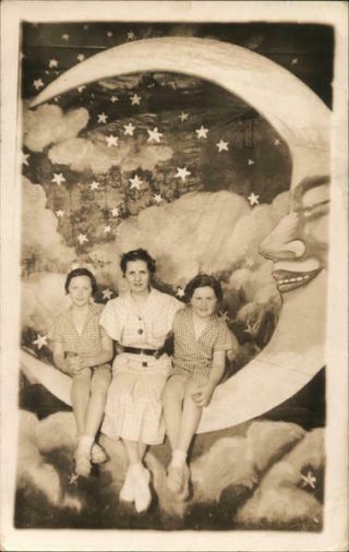 Rppc Woman And Two Girls Paper Moon Real Photo Post Card Vintage