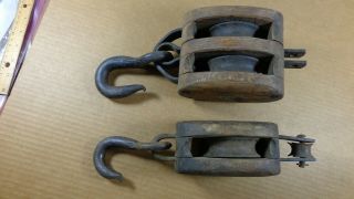 Vintage Single & Double Wooden Pulleys Block And Tackle - Boston Lockport Block