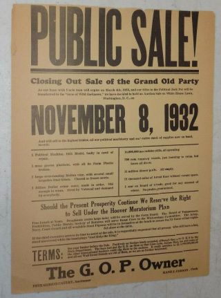 Vtg Public Closing Out Of The Grand Old Party November 8,  1932 Poster