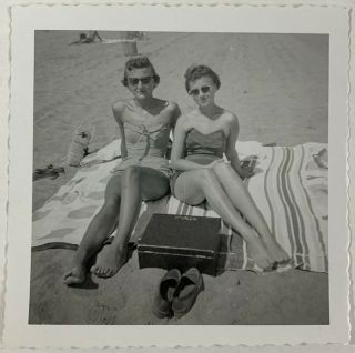 Double Trouble Cat Eye Sunglass Women Barefoot On Beach,  Vintage Photo Snapshot
